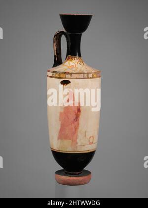 Art inspired by Terracotta lekythos (oil flask), Classical, ca. 430 B.C., Greek, Attic, Terracotta; white-ground, H. 12 1/2 in. (31.8 cm), Vases, Two women at a tomb which is decorated with fillets, Classic works modernized by Artotop with a splash of modernity. Shapes, color and value, eye-catching visual impact on art. Emotions through freedom of artworks in a contemporary way. A timeless message pursuing a wildly creative new direction. Artists turning to the digital medium and creating the Artotop NFT Stock Photo