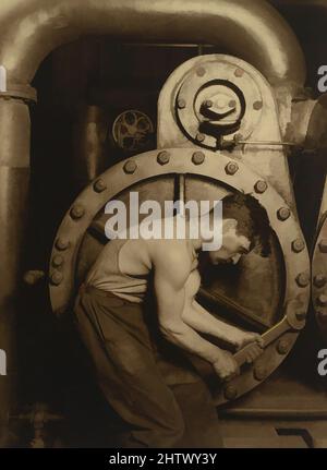 Art inspired by Steamfitter, 1921, Gelatin silver print, 42.1 x 30.9 cm (16 9/16 x 12 3/16 in.), Photographs, Lewis Hine (American, 1874–1940), Hine’s iconic photograph of a mechanic in a Pennsylvania power plant celebrates the worker as a noble contributor to industry. The picture’s, Classic works modernized by Artotop with a splash of modernity. Shapes, color and value, eye-catching visual impact on art. Emotions through freedom of artworks in a contemporary way. A timeless message pursuing a wildly creative new direction. Artists turning to the digital medium and creating the Artotop NFT Stock Photo