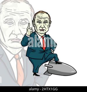 Vladimir Putin President of Russia Russian Federation Cartoon Caricature Vector Drawing Illustration Standing on a Missile Rocket Weapon Moscow Stock Vector
