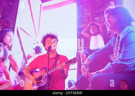 Singer and songwriter Juan Karlos Labajo performs during the Leni Robredo campaign rally in Cebu City, Philippines Stock Photo