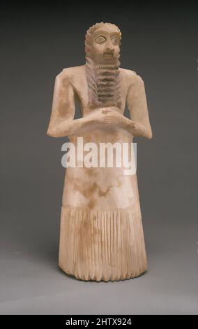 Art inspired by Standing male worshiper, Early Dynastic I-II, ca. 2900–2600 B.C., Mesopotamia, Eshnunna (modern Tell Asmar), Sumerian, Gypsum alabaster, shell, black limestone, bitumen, 11 5/8 x 5 1/8 x 3 7/8 in. (29.5 x 12.9 x 10 cm), Stone-Sculpture, In Mesopotamia gods were thought, Classic works modernized by Artotop with a splash of modernity. Shapes, color and value, eye-catching visual impact on art. Emotions through freedom of artworks in a contemporary way. A timeless message pursuing a wildly creative new direction. Artists turning to the digital medium and creating the Artotop NFT Stock Photo