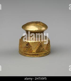 Art inspired by Cylinder seal cap, late Old Babylonian–early Kassite, ca. 17th–16th century B.C., Mesopotamia, said to be from Dilbat, Babylonian or Kassite, Gold, 1.42 in. (3.61 cm), Metalwork-Ornaments, This gold cap is part of a group of gold jewelry elements and cylinder seals, Classic works modernized by Artotop with a splash of modernity. Shapes, color and value, eye-catching visual impact on art. Emotions through freedom of artworks in a contemporary way. A timeless message pursuing a wildly creative new direction. Artists turning to the digital medium and creating the Artotop NFT Stock Photo