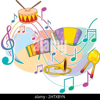Music instrument with music notes on white background illustration Stock Vector
