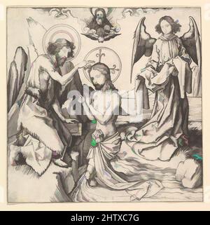 Art inspired by Baptism of Christ, 15th century, engraving, sheet: 6 1/4 x 6 1/4 in. (15.9 x 15.9 cm), Prints, Martin Schongauer (German, Colmar ca. 1435/50–1491 Breisach, Classic works modernized by Artotop with a splash of modernity. Shapes, color and value, eye-catching visual impact on art. Emotions through freedom of artworks in a contemporary way. A timeless message pursuing a wildly creative new direction. Artists turning to the digital medium and creating the Artotop NFT