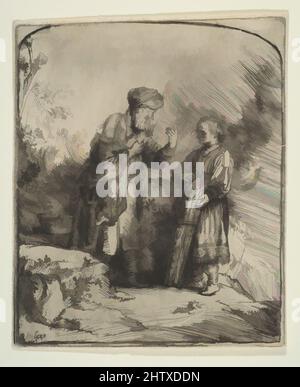 Art inspired by Abraham and Isaac, 1645, Etching and burin; only state, Plate: 6 1/8 x 5 1/8 in. (15.5 x 13 cm), Prints, Rembrandt (Rembrandt van Rijn) (Dutch, Leiden 1606–1669 Amsterdam), Among Rembrandt's most moving prints, this etching depicts the story of Abraham, who, as a test, Classic works modernized by Artotop with a splash of modernity. Shapes, color and value, eye-catching visual impact on art. Emotions through freedom of artworks in a contemporary way. A timeless message pursuing a wildly creative new direction. Artists turning to the digital medium and creating the Artotop NFT Stock Photo