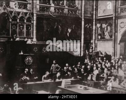 Hungarian Soviet Republic: The interior of the House with decorations prepared for the National Assembly of the Councils Stock Photo