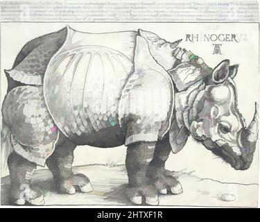 Art inspired by The Rhinoceros, 1515, Woodcut, image: 8 3/8 x 11 5/8 in. (21.3 x 29.5 cm) trimmed to block line except at top, Prints, Albrecht Dürer (German, Nuremberg 1471–1528 Nuremberg, Classic works modernized by Artotop with a splash of modernity. Shapes, color and value, eye-catching visual impact on art. Emotions through freedom of artworks in a contemporary way. A timeless message pursuing a wildly creative new direction. Artists turning to the digital medium and creating the Artotop NFT Stock Photo