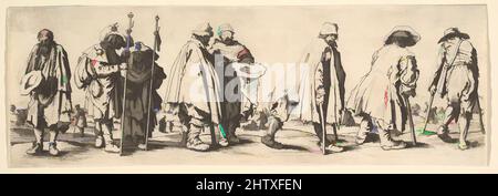 Art inspired by Eight Beggars, 1630, Etching, only state, 3 5/16 x 10 in. (8.4 x 25.4 cm), Prints, After Jacques Callot (French, Nancy 1592–1635 Nancy), Plate 2 of 4 prints of beggars after Callot. Seven male beggars walking in a landscape in foreground from left to right, the eighth, Classic works modernized by Artotop with a splash of modernity. Shapes, color and value, eye-catching visual impact on art. Emotions through freedom of artworks in a contemporary way. A timeless message pursuing a wildly creative new direction. Artists turning to the digital medium and creating the Artotop NFT Stock Photo