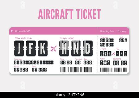 Airplane Ticket template. Pink flight card with destination in Tokyo, Japan. Vector Boarding pass isolated on white Stock Vector