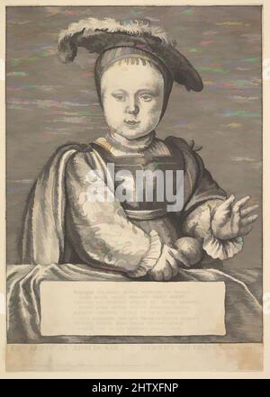 Art inspired by Edward VI, 1650, Etching, only state, Sheet: 9 15/16 in. × 7 in. (25.2 × 17.8 cm), Prints, After Hans Holbein the Younger (German, Augsburg 1497/98–1543 London), Portrait of Edward VI; half length, full face, shown as a baby holding a rattle, wearing a feather hat over, Classic works modernized by Artotop with a splash of modernity. Shapes, color and value, eye-catching visual impact on art. Emotions through freedom of artworks in a contemporary way. A timeless message pursuing a wildly creative new direction. Artists turning to the digital medium and creating the Artotop NFT Stock Photo