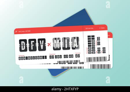 Flight tickets for couple concept. Two airplane coupons with passport for wedding journey Stock Vector