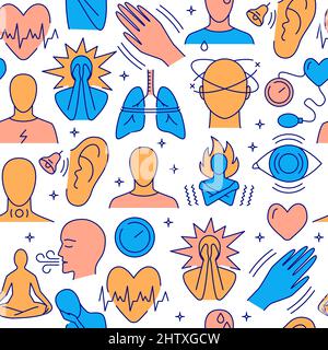 Panic disorder seamless pattern in colored line style. Panic attack symptom symbols. Vector illustration. Stock Vector