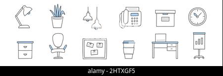 Office furniture icons with doodle chair, table with computer, lamps and cupboard. Vector hand drawn symbols of work cabinet or conference room equipment, telephone, clock and whiteboard Stock Vector