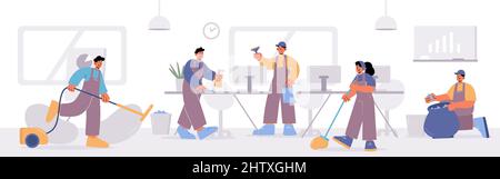 Cleaning workers in office. Cartoon woman clean, professional hygiene ...