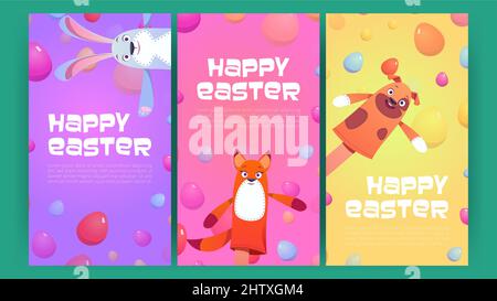 Happy Easter banners with eggs and cute puppets. Vector vertical posters of spring holiday celebration with cartoon illustration of funny bunny, dog and fox toys on hands and colorful eggs Stock Vector