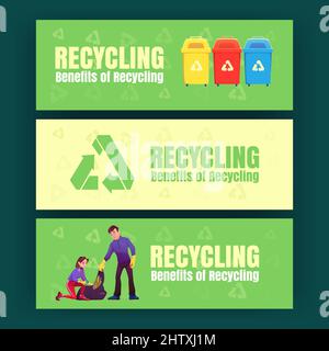 Ecology posters with trash bins, recycle sign and people collect garbage in bag. Vector banners of benefits of recycling with cartoon illustration of waste containers and volunteers clean up Stock Vector