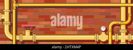 Pipeline system. Horizontal picture with place for text on a brick wall background. Yellow metal pipes. Gas pipeline Stock Photo