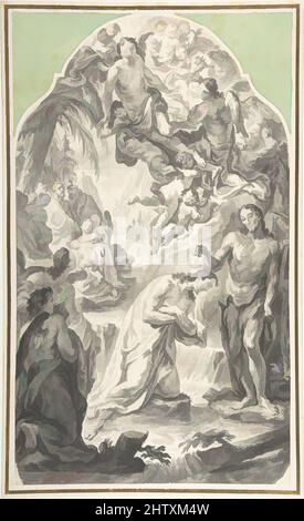Art inspired by The Baptism of Christ, 1725–75, Brush and grey ink, over a sketch in graphite or black chalk., sheet: 15 3/8 x 9 in. (39 x 22.8 cm), Drawings, Joseph Esperlin (German, Degernau 1707–1775 Beromuenster, Classic works modernized by Artotop with a splash of modernity. Shapes, color and value, eye-catching visual impact on art. Emotions through freedom of artworks in a contemporary way. A timeless message pursuing a wildly creative new direction. Artists turning to the digital medium and creating the Artotop NFT