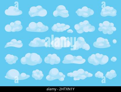 Collection of abstract, hand drawn, flat style colored with basic shading clouds. Stock Vector