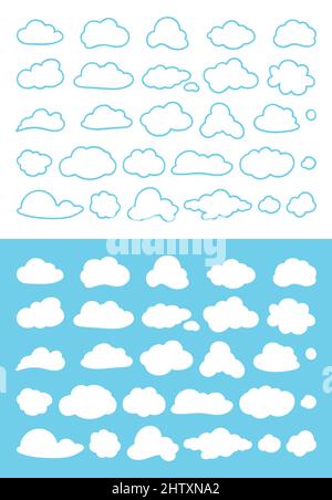 Collection of abstract, hand drawn, plain colored and linear clouds. Stock Vector
