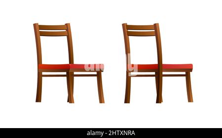 Chair made of wood with soft red upholstery and hard back. Furniture set. Front and back view. Cartoon funny style illustration. Vector. Stock Vector