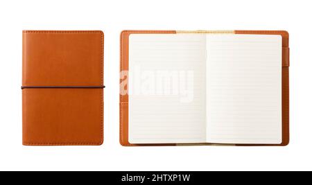 A leather notebook placed against a white background. The notebook closed and open. View from directly above. Stock Photo