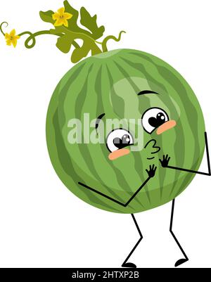 Green striped round watermelon character with love emotions, smile face, arms and legs. Person with happy expression, fruit or berry emoticon. Vector flat illustration Stock Vector