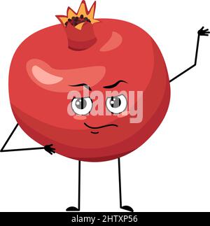 Pomegranate character with emotions of hero, brave face, arms and leg. Person with courage expression, fruit emoticon. Vector flat illustration Stock Vector