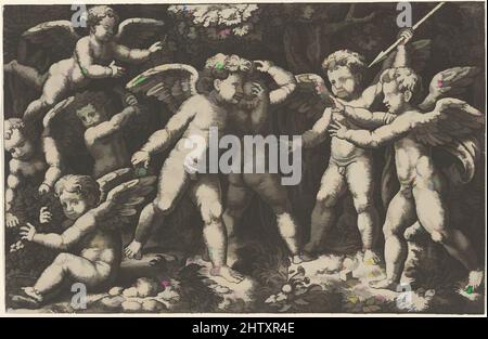 Art inspired by Eight putti playing, 1530–60, Engraving, sheet: 7 5/16 x 11 1/4 in. (18.5 x 28.5 cm), Prints, Master of the Die (Italian, active Rome, ca. 1530–60), After Raphael (Raffaello Sanzio or Santi) (Italian, Urbino 1483–1520 Rome, Classic works modernized by Artotop with a splash of modernity. Shapes, color and value, eye-catching visual impact on art. Emotions through freedom of artworks in a contemporary way. A timeless message pursuing a wildly creative new direction. Artists turning to the digital medium and creating the Artotop NFT Stock Photo