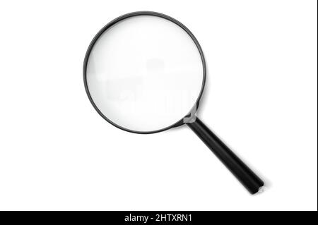 Magnifying glass black color isolated on white. Research, searching or investigating something. top view. Black Magnifying glass with soft shadow on w Stock Photo