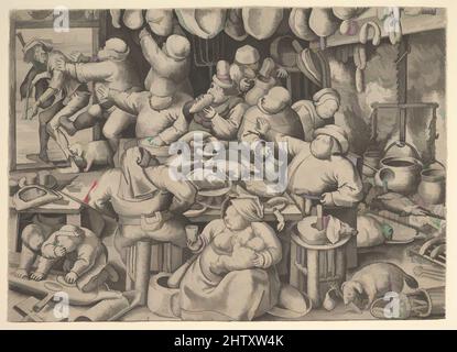 Art inspired by The Fat Kitchen, 1563, Engraving; first state of three, Sheet: 8 1/4 x 11 9/16 in. (21 x 29.3 cm), Prints, Pieter van der Heyden (Netherlandish, ca. 1525–1569), After Pieter Bruegel the Elder (Netherlandish, Breda (?) ca. 1525–1569 Brussels, Classic works modernized by Artotop with a splash of modernity. Shapes, color and value, eye-catching visual impact on art. Emotions through freedom of artworks in a contemporary way. A timeless message pursuing a wildly creative new direction. Artists turning to the digital medium and creating the Artotop NFT Stock Photo