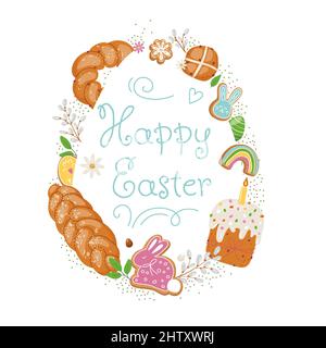 Easter pastry elements around egg form.Vector flat illustration Stock Vector