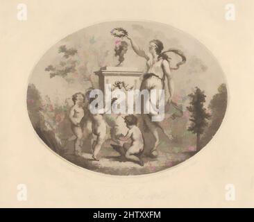 Art inspired by The Seasons, 1793, Stipple engraving, Plate: 5 9/16 × 6 7/8 in. (14.2 × 17.5 cm), Prints, A nymph with her eyes covered with a scarf holds a laurel crown over a bust of Janus while putto dance or warm themselves at a brazier near the base of the sculpture. Oval image, Classic works modernized by Artotop with a splash of modernity. Shapes, color and value, eye-catching visual impact on art. Emotions through freedom of artworks in a contemporary way. A timeless message pursuing a wildly creative new direction. Artists turning to the digital medium and creating the Artotop NFT Stock Photo
