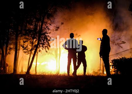 Nairobi, Kenya. 01st Mar, 2022. A man takes pictures during a fire outbreak in Kibera Slums, Nairobi. Residents of Kibera Slums experienced another loss as they were caught unaware by a fire that occurred late in the night razzing down twenty homes leaving most locals homeless and with nowhere to turn to. The fire eruption was due to tangled wires from illegal electric connections. Credit: SOPA Images Limited/Alamy Live News Stock Photo