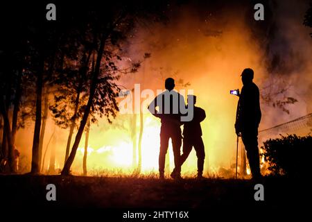 Nairobi, Kenya. 01st Mar, 2022. A man takes pictures during a fire outbreak in Kibera Slums, Nairobi. Residents of Kibera Slums experienced another loss as they were caught unaware by a fire that occurred late in the night razzing down twenty homes leaving most locals homeless and with nowhere to turn to. The fire eruption was due to tangled wires from illegal electric connections. (Photo by Donwilson Odhiambo/SOPA Images/Sipa USA) Credit: Sipa USA/Alamy Live News Stock Photo