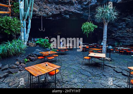 Restaurant in the Jameos del Agua, cave in the lava field of Monte Corona, by Cesar Manrique, Lanzarote, Canary Islands, Spain Stock Photo