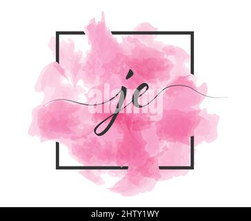 Calligraphic lowercase letters J and E are written in a solid line on a colored background in a frame. Stock Vector