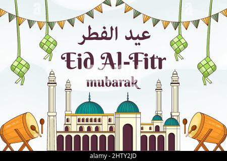 eid al fitr - selamat idul fitri illustration hand drawn with bedug and ketupat Stock Vector