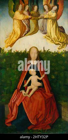 Art inspired by Virgin and Child, ca. 1495–1500, Oil on wood, Overall 12 1/4 x 6 3/4 in. (31.1 x 17.1 cm); painted surface 11 3/4 x 6 1/8 in. (29.8 x 15.6 cm), Paintings, Jan Provost (Netherlandish, Mons (Bergen) ca. 1465–1529 Bruges), The Virgin in a Rose Garden—with the figure, Classic works modernized by Artotop with a splash of modernity. Shapes, color and value, eye-catching visual impact on art. Emotions through freedom of artworks in a contemporary way. A timeless message pursuing a wildly creative new direction. Artists turning to the digital medium and creating the Artotop NFT Stock Photo