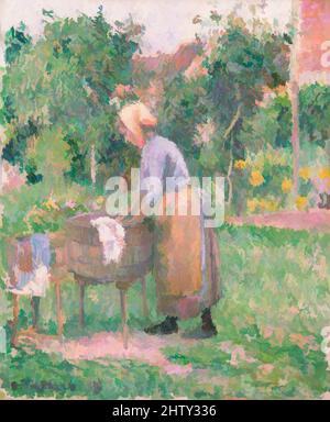 Art inspired by A Washerwoman at Éragny, 1893, Oil on canvas, 18 x 15 in. (45.7 x 38.1 cm), Paintings, Camille Pissarro (French, Charlotte Amalie, Saint Thomas 1830–1903 Paris), Pissarro spent a good deal of summer and autumn 1893 at Éragny. This picture, like many done in the early, Classic works modernized by Artotop with a splash of modernity. Shapes, color and value, eye-catching visual impact on art. Emotions through freedom of artworks in a contemporary way. A timeless message pursuing a wildly creative new direction. Artists turning to the digital medium and creating the Artotop NFT Stock Photo