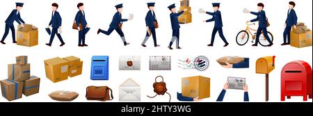 Postman icons set cartoon vector. Mailman carrier Stock Vector