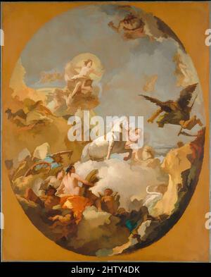 Art inspired by The Chariot of Aurora, Oil on canvas, 35 1/2 x 28 5/8 in. (90.2 x 72.7 cm), Paintings, Giovanni Battista Tiepolo (Italian, Venice 1696–1770 Madrid), Aurora is shown in her chariot, accompanied by the Hours and heralded by Apollo; Time is on the right. Also recognizable, Classic works modernized by Artotop with a splash of modernity. Shapes, color and value, eye-catching visual impact on art. Emotions through freedom of artworks in a contemporary way. A timeless message pursuing a wildly creative new direction. Artists turning to the digital medium and creating the Artotop NFT Stock Photo