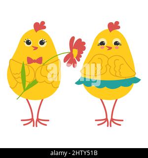 Two cute yellow chicks romantic couple. Vector illustration Stock Vector