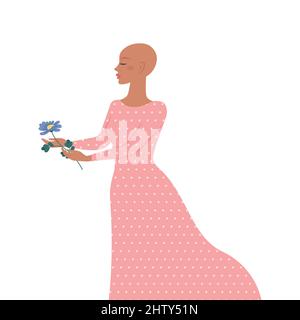 Woman without hair in a long dress with a flower in her hands. Vector illustration Stock Vector