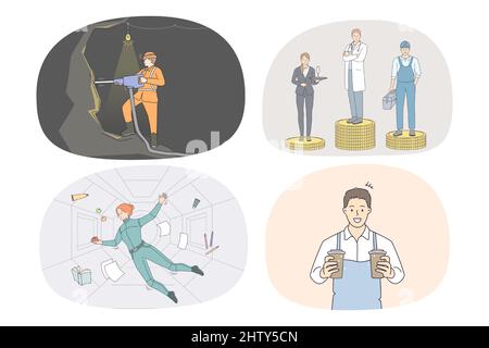 Set of men and women with diverse jobs and occupations. Collection of people having different professions and careers. Employment. Miner, spaceman and barista. Vector illustration.  Stock Vector