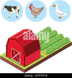 Isometric red barn farm with animal icons illustration Stock Vector
