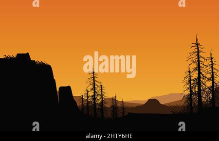 Fantastic view of mountains and cliffs at sunrise with the silhouette of dry trees all around. Vector illustration of a city Stock Vector