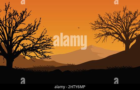 Incredible mountain view from forest edge at sunrise with the aesthetic silhouette of big dry trees. Vector illustration of a city Stock Vector