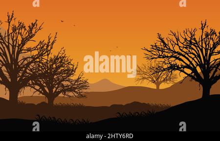 Extraordinary Panorama of the mountains at sunrise from the countryside with the silhouettes of dry pine trees around. Vector illustration of a city Stock Vector