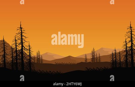 Stunning mountain view of the village at sunrise with an aesthetic silhouette of dry pine tree branches. Vector illustration of a city Stock Vector